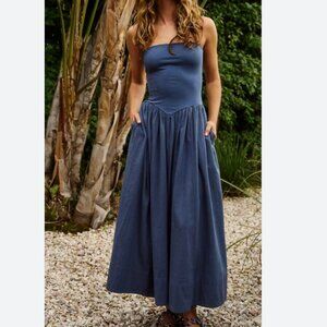 Free People Onda Drop Waist Strapless Blue Dress